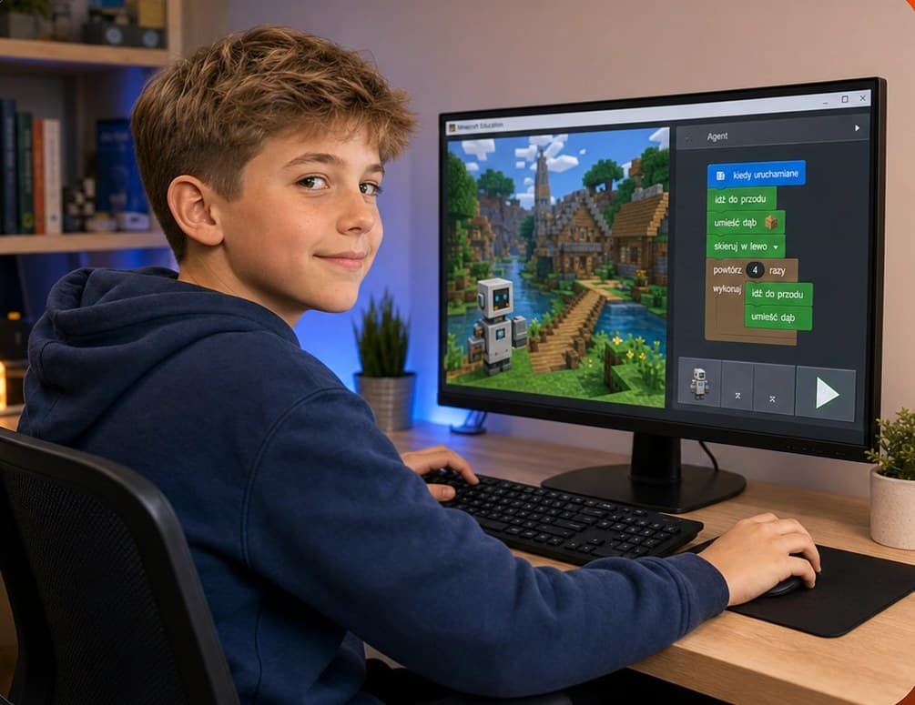 Uśmiechnięty chłopiec przy laptopie po udanych zajęciach kursu programowania