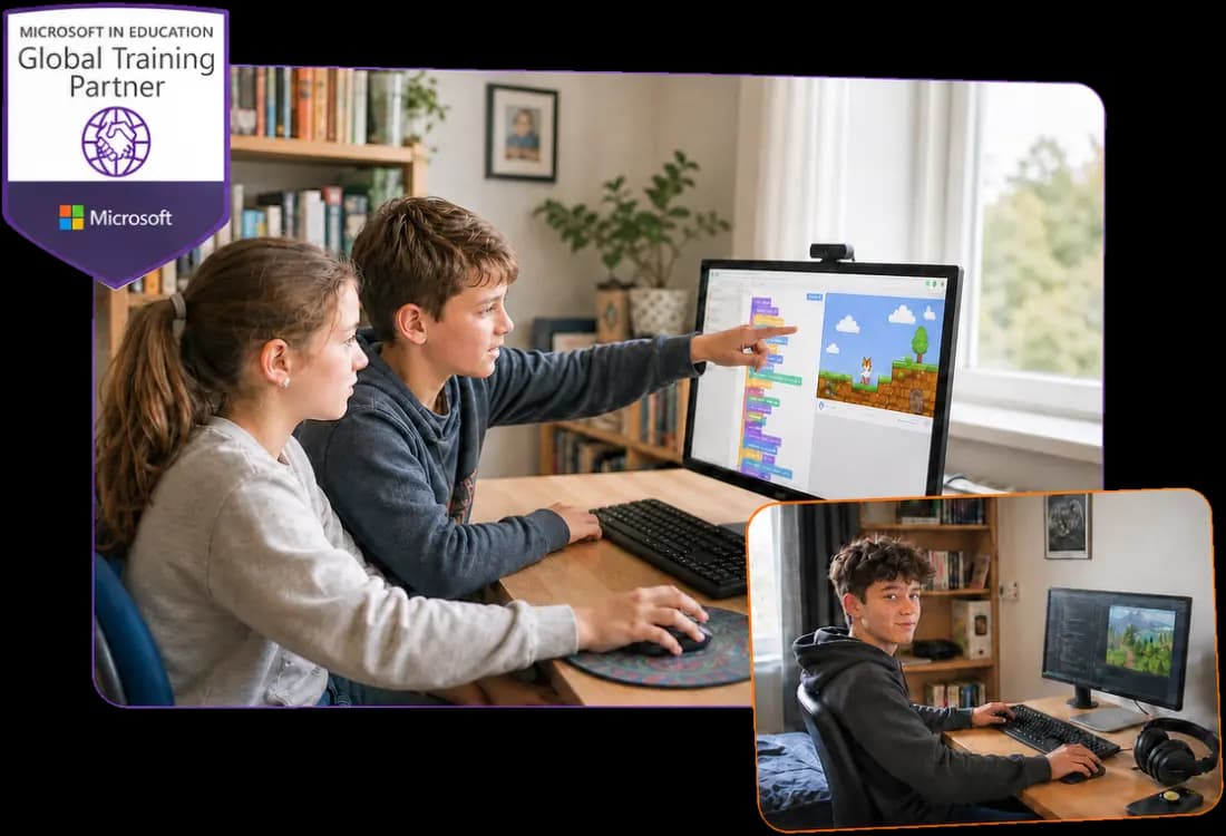 Uśmiechnięty chłopiec przy laptopie po udanych zajęciach kursu programowania